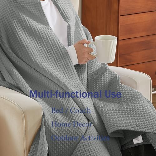 100% Egyptian Cotton Waffle Weave Throw Blanket for Bed Couch Sofa Home Decor, Soft Lightweight Bed & Couch Blanket for All Seasons (Light Grey - King Size - 104 * 90") - Image 4