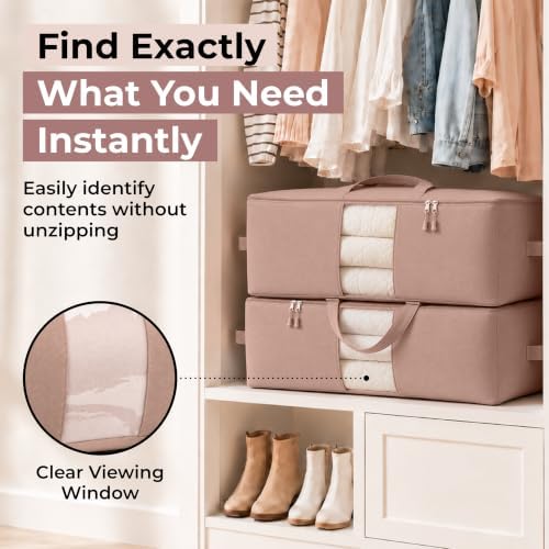 Soft Canvas Storage Bags with Zipper. Thick Breathable, 2pc King/Queen Comforter Organizer. Four Carrying Handles and Window. Large 25x19x9in Bag for Sheets Blankets Bedding Pillows, Clothes (Pink) - Image 5