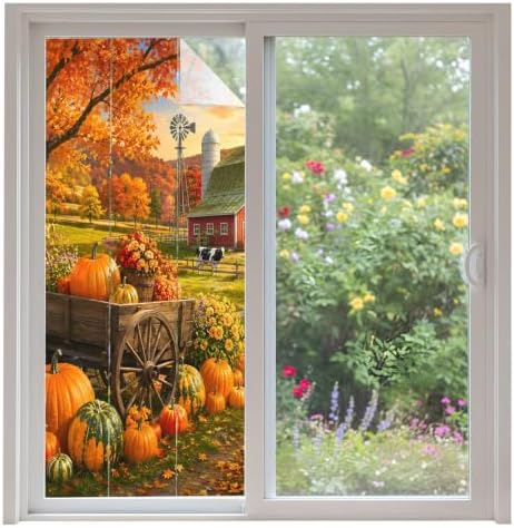 Window Privacy Film Frosted, Fall Pumpkins Non-Adhesive Static Cling Window Tint, Thanksgiving Farmhouse Harvest Maple Leaves Insulated Windows Frosted Films for Living Room, 35.4 x 78.7 Inches by Unknown