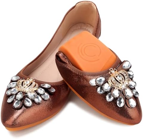 KUNWFNIX Women's Ballet Flats Foldable Classic Crown Rhinestone Slip On Bowknot PU Leather Faux Suede Pointed Toe Comfort Flat Casual Dress Shoes by KUNWFNIX