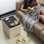 AmasSmile Ottoman with Storage,Folding Stool, 17" Leather,Beige 2 Pack - Image 2