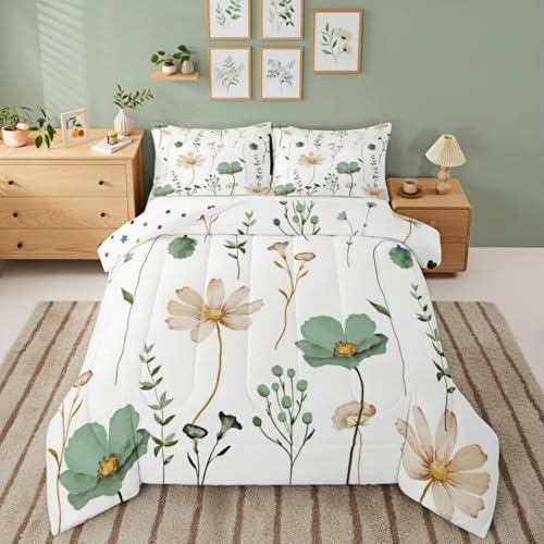 Erosebridal Watercolor Floral Comforter Set Full, Sage Green Beige Flower Bedding Set for Girls Teens Adult Women Bedroom, Modern Minimalist White Down Comforter Pastoral Branches Aesthetic Quilt by Erosebridal