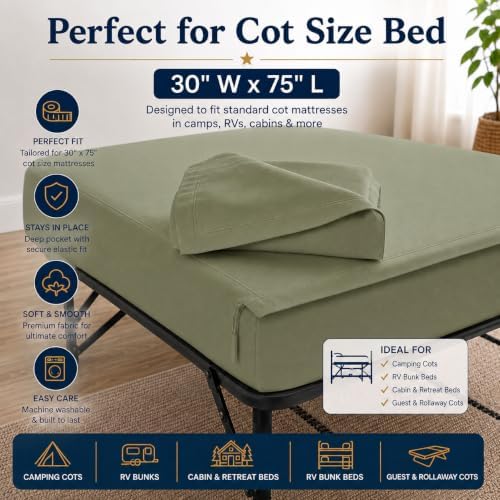 Zipper Cot Fitted Sheet, 30 x 75 Camping Cot Mattress Sheets, 400 Thread Count 100% Cotton, Includes 1 Wraparound Base, 2 Removable Zipper Top Sheets & 2 Pillowcases, 8 Inch Deep Pocket, Sage Green - Image 2