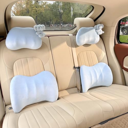 Cute Car Headrest Lumbar Support Seat Cushion Comfortable & Durable Accessories Pillow, Set Includes 2Headrest &2 Lumbar Support for Office Chair Truck SUV (Blue-Elephant) - Image 4