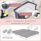 BABY JOY Bassinet Bedside Sleeper, 3 in 1 Folding Crib w/Adjustable Height, Mattress, Lockable Wheels, Storage Pocket & Carry Bag for Infant Newborn, Stationary & Rock, Portable Baby Bassinet (Grey) - Image 3