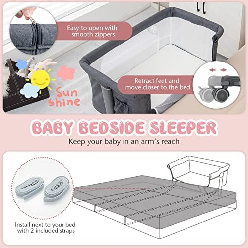 BABY JOY Bassinet Bedside Sleeper, 3 in 1 Folding Crib w/Adjustable Height, Mattress, Lockable Wheels, Storage Pocket & Carry Bag for Infant Newborn, Stationary & Rock, Portable Baby Bassinet (Grey) - Image 3