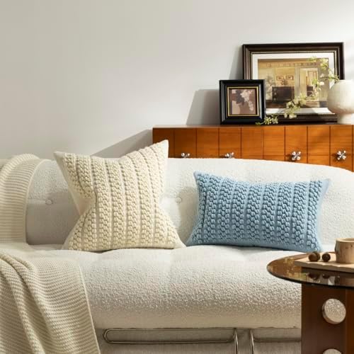 DEZENE Wool Boucle Throw Pillow Cover Premium Chic Accents Square Textured Decorative Pillow Case for Living Room Couch Sofa Home Decor 18"x18" Beige - Image 5