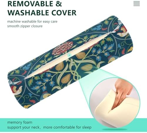 Green Birds Flower Vintage Neck Roll Pillow Bolster Round Health Memory Foam Long Cervical Cylinder Body Pillows with Removable Washable Cover for Bed Legs Back Yoga - Image 3