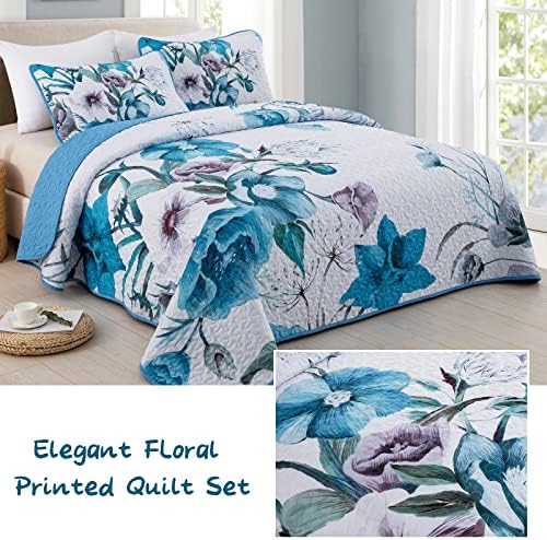 Drucon Floral Quilt Set King 3 Pieces Boho Blue Floral Quilt Coverlet Set - Image 2