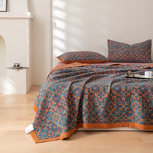 100% Cotton Muslin Blanket Jacquard Bohomian Mandala Floral Print Quilt, Soft Bed Cover 3 Layers Reversible Bedspread Coverlet Breathable Lightweight Bedding Twin(59"x94"), No Pillow Sham by Purefair