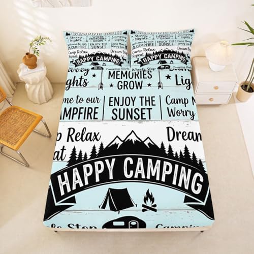 Erosebridal RV Camper Queen Fitted Sheet, Outdoors Camping Theme Bedding Set for Kids Girls Boys, Rustic Cabin Mountain Forest Bed Sheets(No Top Sheet), Camping Lovers Gifts Room Decor by Erosebridal