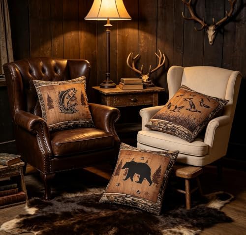 Feelyou Bear Throw Pillow Covers 20"x20" Set of 4 Soft Rustic Deer Cushion Case Fish Decor Pillowcase Mallard Duck Black Brown Indoor Outdoor - Image 7