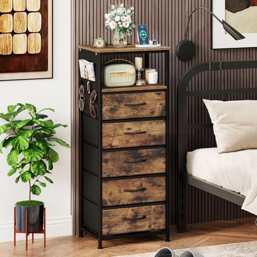 KOMFOTT 2 Nightstands with Integrated Charging Station, 39" Tall Modern End Table with 5 Fabric Drawers, Side Pockets and Open Shelf, Bedside Table with 2 AC Outlets, USB and Type-C Ports for Bedroom - Image 2