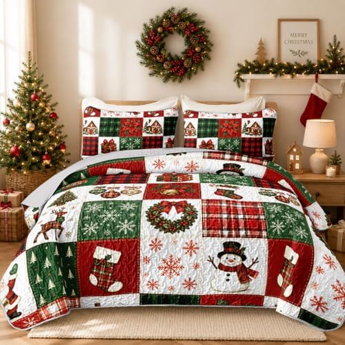 HOSIMA Christmas Bedspread Plaid Patchwork Quilt Queen with 2 Pillowcases. by HOSIMA