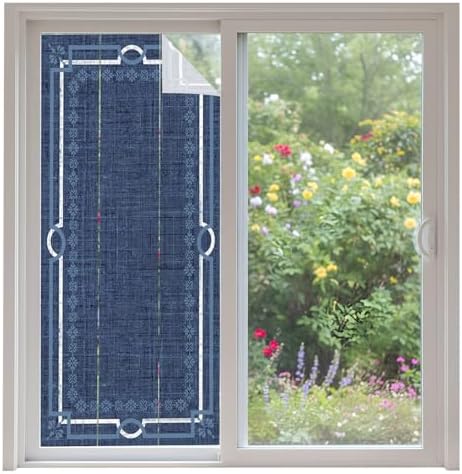 Window Privacy Film Frosted, Navy Blue Botanical Non-Adhesive Static Cling Window Tint, Vintage Florals Geometric Minimalist Insulated Windows Frosted Films for Living Room, 35.4 x 78.7 Inches by Unknown