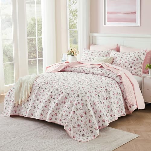 Queen/Full Size Floral Quilt Set Pink Shabby Chic Flower Bedspreads Set - Image 2