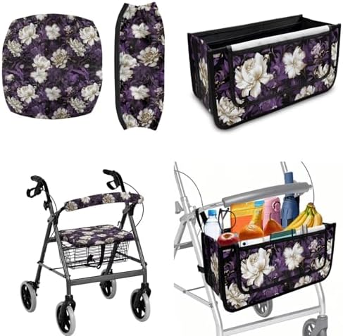 LedBack Mobility Scooter Accessories Sets Walker Seat Rollator Seat Cushion Back Cover for Seniors Purple White Flowers Universal Walker Storage Basket by LedBack
