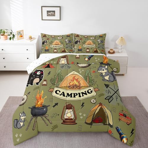 Erosebridal Kids Camping Tent Full Bedding Set,RV Camper Comforter Set Camping Decor for Travel Trailer,Rustic Cabin Bear Fox Quilt Set Woodland Adventure Bed Comforter Sets,2 Pillowcases by Erosebridal