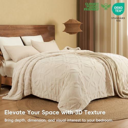 PHF Soft Sherpa Fleece Blanket King, Tufted Jacquard, 01-Oat Milk - Image 3