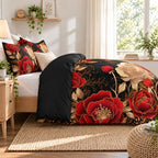 CCoutueChen Vintage Floral Comforter Set, Queen Size, Black Red - Image 4