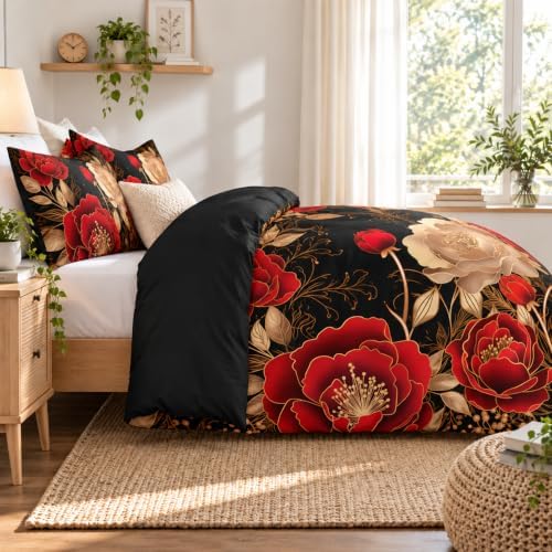 CCoutueChen Vintage Floral Comforter Set, Queen Size, Black Red - Image 4