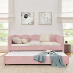 3 in 1 Full Daybed with Pop Up Trundle, Convertible Gingham Upholstered Sofa Bed with Side Storage Pockets, Extendable Guest Bed Frame for Teens Adults Bedroom Living Room, Pink - Image 5