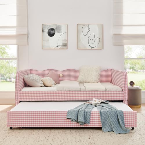 3 in 1 Full Daybed with Pop Up Trundle, Convertible Gingham Upholstered Sofa Bed with Side Storage Pockets, Extendable Guest Bed Frame for Teens Adults Bedroom Living Room, Pink - Image 5