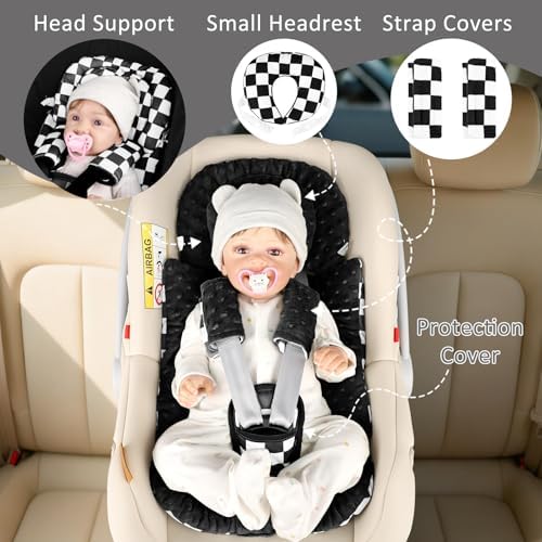 DILIMI Infant Car Seat Insert, Baby Car Seat Head Support with Removable Headrest, Adjustable Newborn Car Seat Cushion with3 Strap Paddings for Stroller, Swing, Bouncers, Black Lattice - Image 7