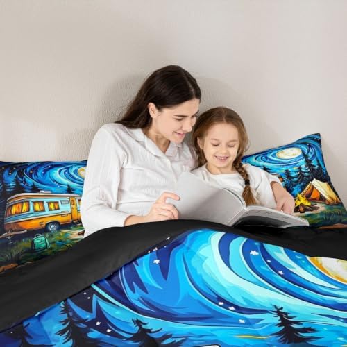 Erosebridal Happy Camping King Bedding Set Galaxy Stars Moon Comforter Set for Kids Boys Girls Camper Car Bed Comforter Sets Rustic Adventure Quilt Duvet - Image 6