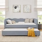 3 in 1 Full Daybed with Pop Up Trundle, Convertible Gingham Upholstered Sofa Bed with Side Storage Pockets, Extendable Guest Bed Frame for Teens Adults Bedroom Living Room, Dark Blue - Image 5