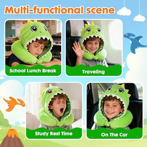 Travel Neck Pillow with Hood for Kids Adult Cute Soft Plush Memory Foam Airplane Neck Pillow for Traveling Animal Flight Pillow Head Rest Neck Support for Cars Long Flights - Image 3