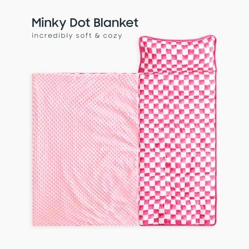 Wake In Cloud - Toddler Nap Mat with Pillow and Minky Fleece Blanket, for Kids Boys Girls Ages 3 Plus in Daycare Preschool, Roll Up Sleeping Bag, Gingham Grid Checkered, Hot Pink White, Standard - Image 2