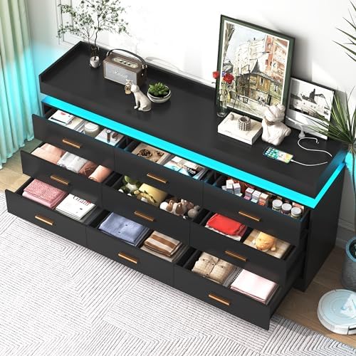 jiteentarou 9 Drawer Dresser with Charging Station and LED Lights, Modern Chest of Drawers with Power Outlet, Organizer Cabinet for Bedroom, Living Room, Entryway, Black - Image 3