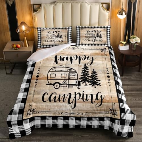 Erosebridal Rv Camper Bedding Set for Bunks,Happy Camping Comforter Sets Queen Black White Buffalo Plaid Quilt Comforter for Travel Trailers Farmhouse Cabin Decor Bed Set 2 Pillow Cases - Image 2