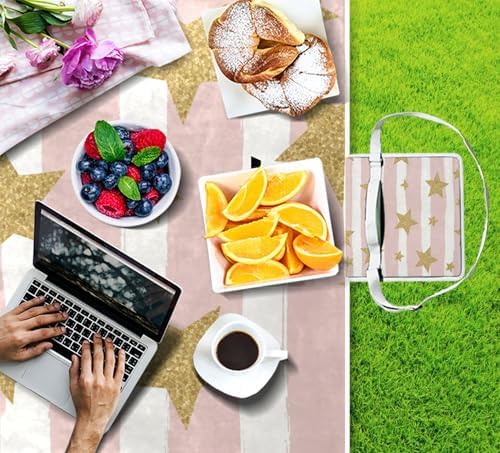 MNSRUU Picnic Blanket Waterproof Foldable, Gold Glittering Stars Large Outdoor Picnic Beach Camping Blanket Travel Mat, Shoulder Strap Tote, Rectangle 57x59in - Image 4