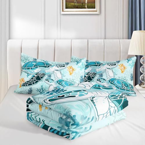 HOSIMA Coastal Beach Themed Sea Turtle Twin Comforter with 2 Pillowcases. - Image 5