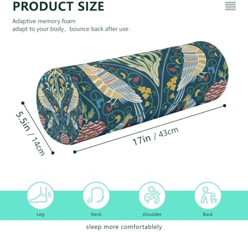 Green Birds Flower Vintage Neck Roll Pillow Bolster Round Health Memory Foam Long Cervical Cylinder Body Pillows with Removable Washable Cover for Bed Legs Back Yoga - Image 2