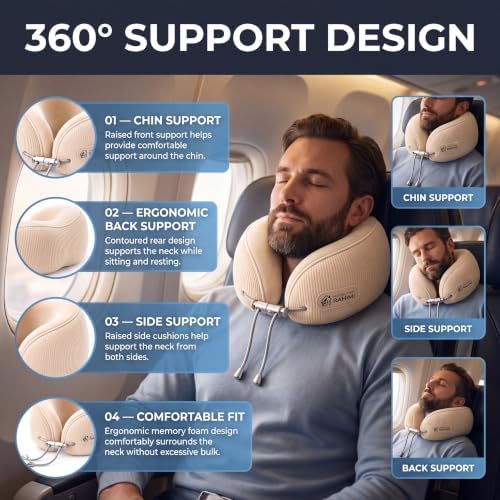 Travel Pillows for Sleeping, Memory Foam Travel Pillow, Firm Travel Pillow with 360° Neck Support, Ice Silk Cotton Cover, Adjustable Traveling Pillow with Carry Case, Beige - Image 3