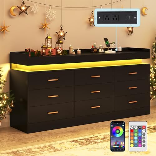 jiteentarou 9 Drawer Dresser with Charging Station and LED Lights, Modern Chest of Drawers with Power Outlet, Organizer Cabinet for Bedroom, Living Room, Entryway, Black by jiteentarou
