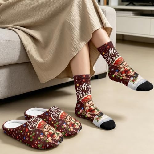 Jeiento Winter Fuzzy Slipper and Crew Socks for Women,Adult Slip-on Close Toe House Slipper,Flat Comfort home Slides - Image 3