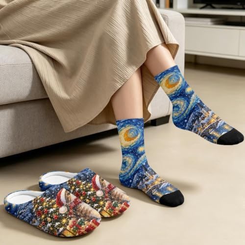 Jeiento Winter Fuzzy Slipper and Crew Socks for Women,Adult Slip-on Close Toe House Slipper,Flat Comfort home Slides - Image 3