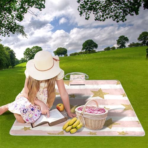 MNSRUU Picnic Blanket Waterproof Foldable, Gold Glittering Stars Large Outdoor Picnic Beach Camping Blanket Travel Mat, Shoulder Strap Tote, Rectangle 57x59in - Image 2