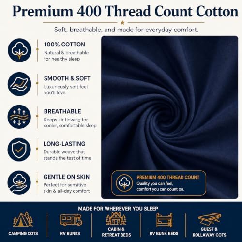 Zipper Cot Fitted Sheet, 25 x 75 Camping Cot Mattress Sheets, 400 Thread Count 100% Cotton, Includes 1 Wraparound Base, 2 Removable Zipper Top Sheets & 2 Pillowcases, 8 Inch Deep Pocket, Navy Blue - Image 6