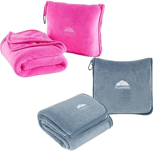 BlueHills Travel Blanket Pillows for Two Airplane Traveling Essentials Flight Throws in Bag case with Backpack Clip Compact Large Plane Accessories – Pink and Grayish Blue by BlueHills