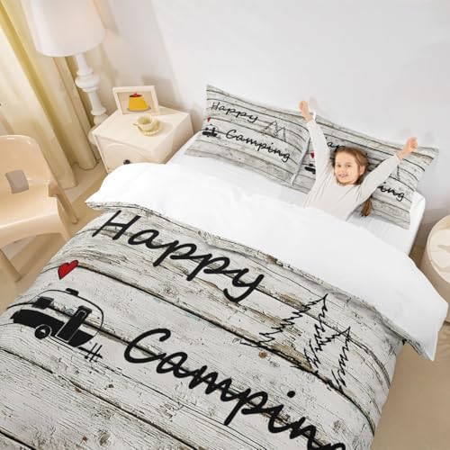 Happy Camping Duvet Cover Farm Farmhouse Bedding Set Wood Rustic Comforter Cover for Boys Girls Kids Room Decor Camper Theme Lightweight Bedspread Cover Twin Size with 1 Pillow Case(No Comforter) - Image 3