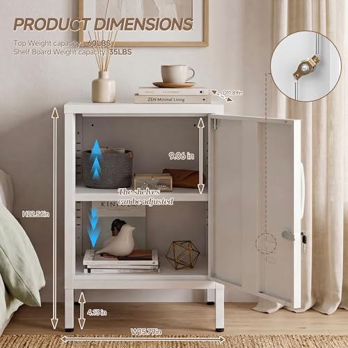 Lockable Metal Nightstand with Door, Industrial Storage Locker End Table, Small Bedside Table for Bedroom Living Room Dorm,White - Image 2