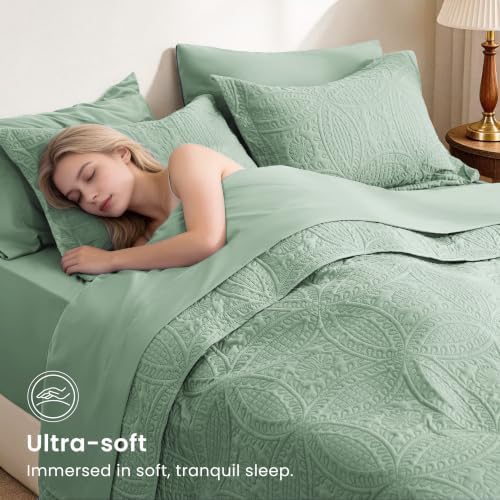 Love's cabin Queen Quilt Set Sage, Bed in a Bag Queen Size Bedding 7 Pieces, Ultrasonic Embossed Coin Pattern Comforter, Lightweight Bedspreads for All Seasons Quilt with Sheets, Pillowcases & Shams - Image 3