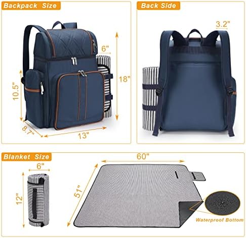 Picnic Backpack for 4, Insulated Cooler Bag with Blanket, Navy Blue - Image 2