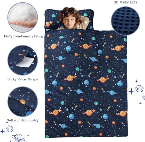 PHF Toddler Nap Mat with Removable Pillow and Minky Blanket, Rollup Design Kids Sleeping Mat, Slumber Bags for Boys, 55"x23" Toddler Sleeping Bag for Daycare Preschool Travel Camping, Space - Image 4