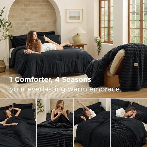 Bedsure 2-in-1 Comforter Set with Detachable Fleece Blanket, Black King - Image 2